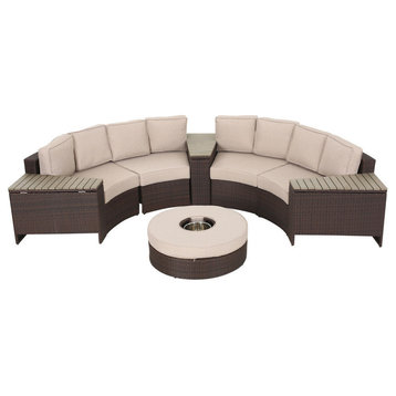 Mia Outdoor 4-Seater Wicker Curved Sectional Set With Wedge Tables, Beige, Ice Bucket Ottoman