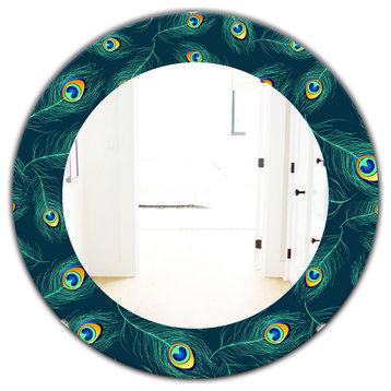 Designart Pattern of Peacock Feathers Frameless Oval Or Round Wall Mirror, 32x32