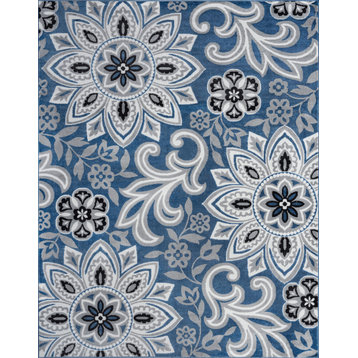 Kataleya Transitional Floral Area Rug, Blue/White, 5'3''x7'3''