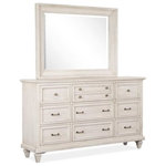 Magnussen - Magnussen Newport Drawer Dresser with Mirror in Alabaster - Inspired by the architecture and landscape of California Wine Country, the Newport bedroom collection exudes the ambience of laid-back luxury. Crafted of high-low Pine and Hardwood Solids, the soft Alabaster finish and Brushed Pewter hardware mix effortlessly with graceful turned legs and designer details to create a look that is bold yet inviting. Adding a casual and coastal resort flair, Shutter wood doors are used on select pieces. Crisp and updated, Newport promises long-lasting design and sturdy construction for any relaxed setting.