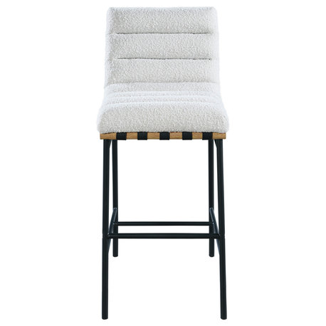 Burke Upholstered Bar Stool, Cream, Boucle Fabric, White Oak Veneer Metal Dowel