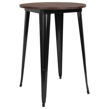 30" Round Black Metal Indoor Bar Height Table With Walnut Rustic Wood Top