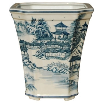 Beautiful Blue and White Blue Willow Landscape Porcelain Hexagonal Pot