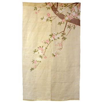 Cherry Blossoms on Branch Yellow Linen Noren