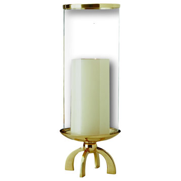 Contemporary Shiny Gold Footed Hurricane Metal Pillar Candleholder 21" Modern