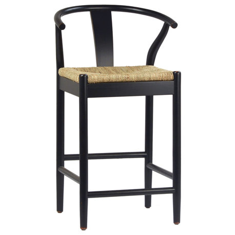 Moya Oak and Natural Woven Wicker Wishbone Back Dining Counter Stool, Antique Black