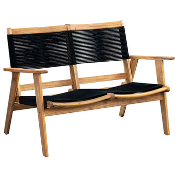 Modern Minimalistic Outdoor Loveseat, Acacia Wood Frame and Black Cordage Seat