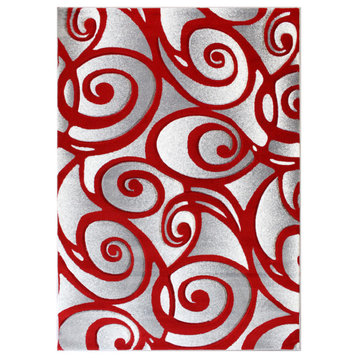 Angie Collection Modern Rectangle 5' x 7' High-Low Pile Swirled Area Rug, Red