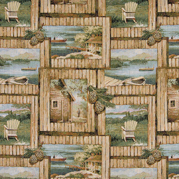 Cabin Fishing Boat Chair Acorns Themed Tapestry Upholstery Fabric By The Yard