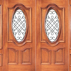 Pre-hung Mahogany Oval Lite Double Door with Two Side lights - Front Doors