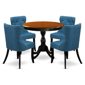 AMSI5-BCH-21 - Dining Table and 4 Blue Linen Fabric Chairs - Black Finish