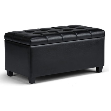 Rectangle Lift Top Storage Ottoman Bench in Midnight Black Tufted Faux Leather