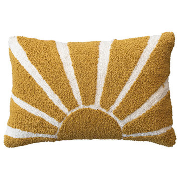 Cotton Punch Hook Lumbar Pillow With Sun, Yellow and Cream Color