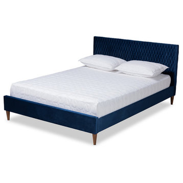 Frida Glam and Luxe Royal Blue Velvet Fabric Upholstered Queen Size Bed