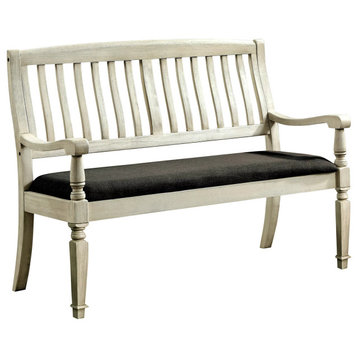 Farmhouse 2 Seater Bench, Cushioned Seat With Slatted Back, Antique White/Gray