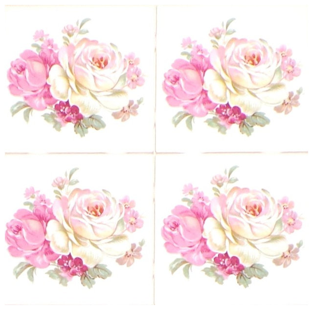 Pink Rose Kiln Fired Ceramic Tile Mural Backsplash Decor Accents Pink Rose Kiln Fired Ceramic Tile Mural Backsplash Decor Accents Set Of 4