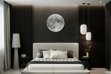 Темная спальня с полной луной. Проект однокомнатной квартиры для холостяка