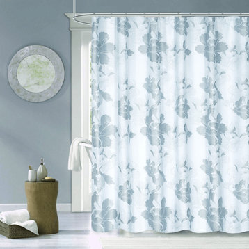 Silver and White Floral Printed Shower Curtain