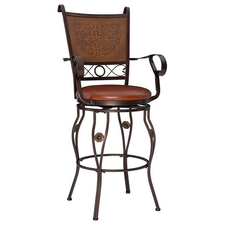Bowery Hill 30" Traditional Metal/Faux Leather Swivel Bar Stool in Bronze