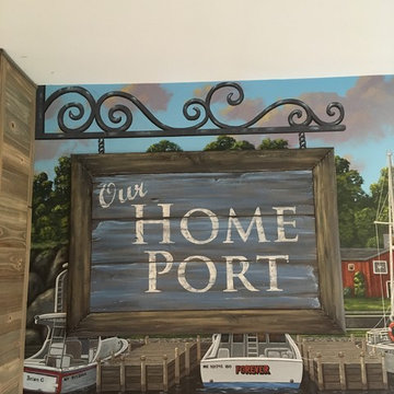 New England Harbor Town Mural, hand painted throughout a lower level