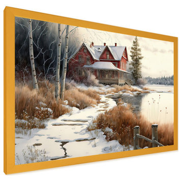 Calm Red Barn In Winter II Framed Print, 32x24, Gold