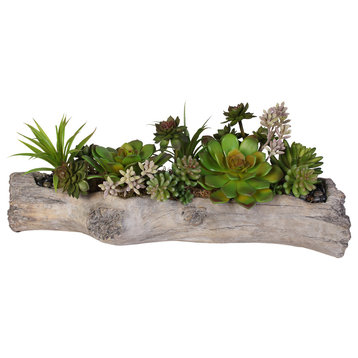 Artificial Succulents With Natural Rocks in Stone Log