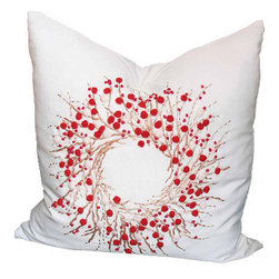 Xia Home Fashions - Handmade Holiday Berry Wreath Ribbon/Pom Pom Feather Filled Pillow - Decorative Pillows