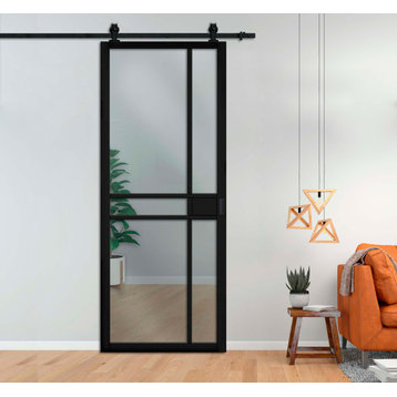 Loft Style Sliding Door With Glass Panels V1000, 30"x84", Clear Glass, Black Painted (Finish)