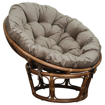 Papasan Chair With Green Round Pillow Cushion and Brown Rattan Frame