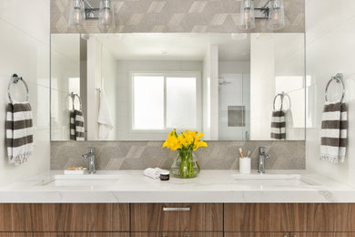 Mid-sized transitional master white tile and porcelain tile porcelain tile, beige floor and double-sink bathroom photo in Seattle with flat-panel cabinets, medium tone wood cabinets, a bidet, white walls, an undermount sink, quartz countertops, a hinged shower door, white countertops, a niche and a floating vanity