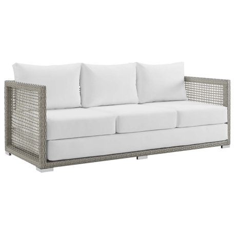 Aura Outdoor Wicker Rattan Sofa, Gray White