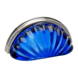 Cosmas - Real Glass Cabinet Cup Pulls with 3" Centers by Cosmas, Blue Glass, Satin Nickel - Cabinet And Drawer Handle Pulls