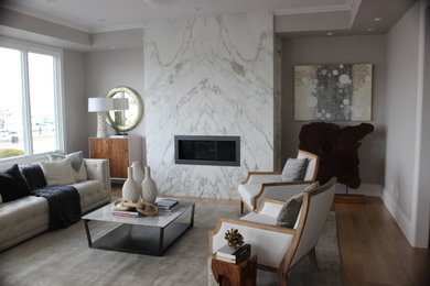 Mid-sized transitional medium tone wood floor and brown floor living room photo in San Francisco with gray walls, a standard fireplace, a stone fireplace and no tv