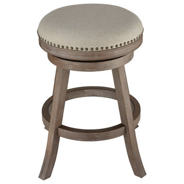 Cortesi Home Sadie Backless Swivel Counter Stool, Solid Wood and Beige Fabric