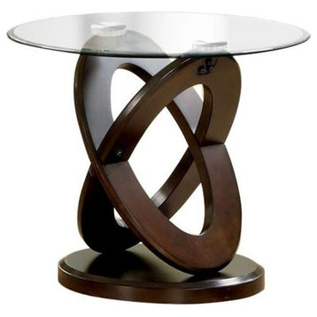 Cross Oval Base End Table With Round Glass Top, Brown And Clear