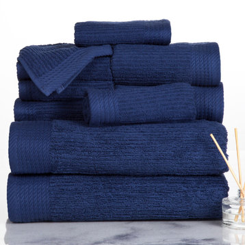 10-Piece Bath Towel Set 100% Cotton Ribbed Pile Absorbent Towels, Navy