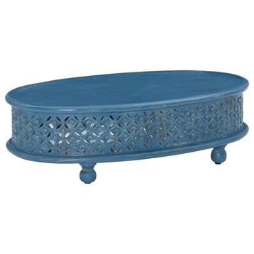 Unique Oval Coffee Table, Mango Wood Construction With Lattice Carving, Blue