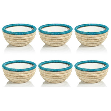 Matera 6.25"Coiled Abaca Condiment Bowls, Turquoise, Set of 6