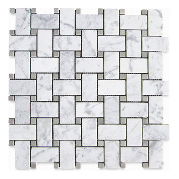 Carrara White Marble 1x2 Basketweave Mosaic Tile Gray Dots Honed, 1 sheet