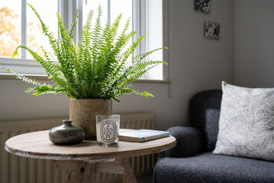 Inspiration for a medium sized scandi master bedroom in Hampshire with white walls and carpet.