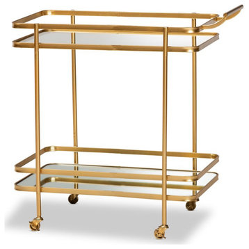 Baxton Studio Destin Gold Finished Metal and Glass 2-Tier Mobile Wine Bar Cart
