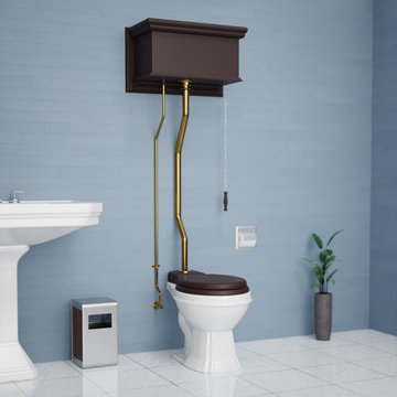 Dark Oak High Tank Pull Chain Toilet Elongated White China Bowl & Brass Z Pipe