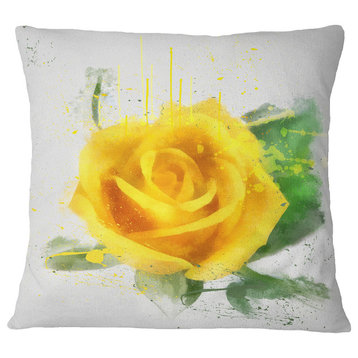 Yellow Rose With Green Leaves Sketch Floral Throw Pillow, 18"x18"