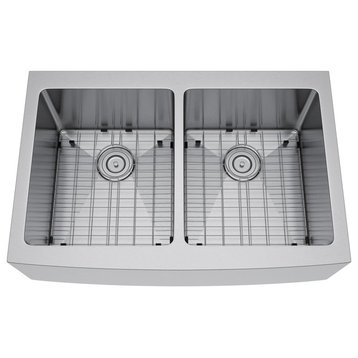 33"x22" Double Bowl 50/50 Stainless Steel Kitchen Farmhouse Apron Front Sink, With Strainer and Grid