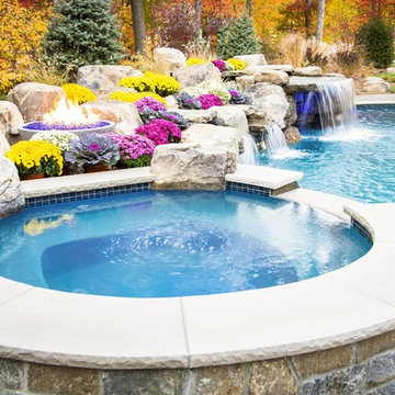 Freeform swimming pool with a raised spa and grotto, Mahwah, NJ