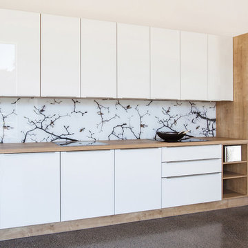 'Fantails on Blossoms' printed image on glass splashback