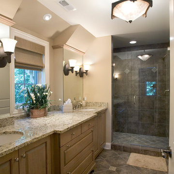 Guest Bath with Oversize Glass Shower, Raised Panel Vanity with Separate Sinks a