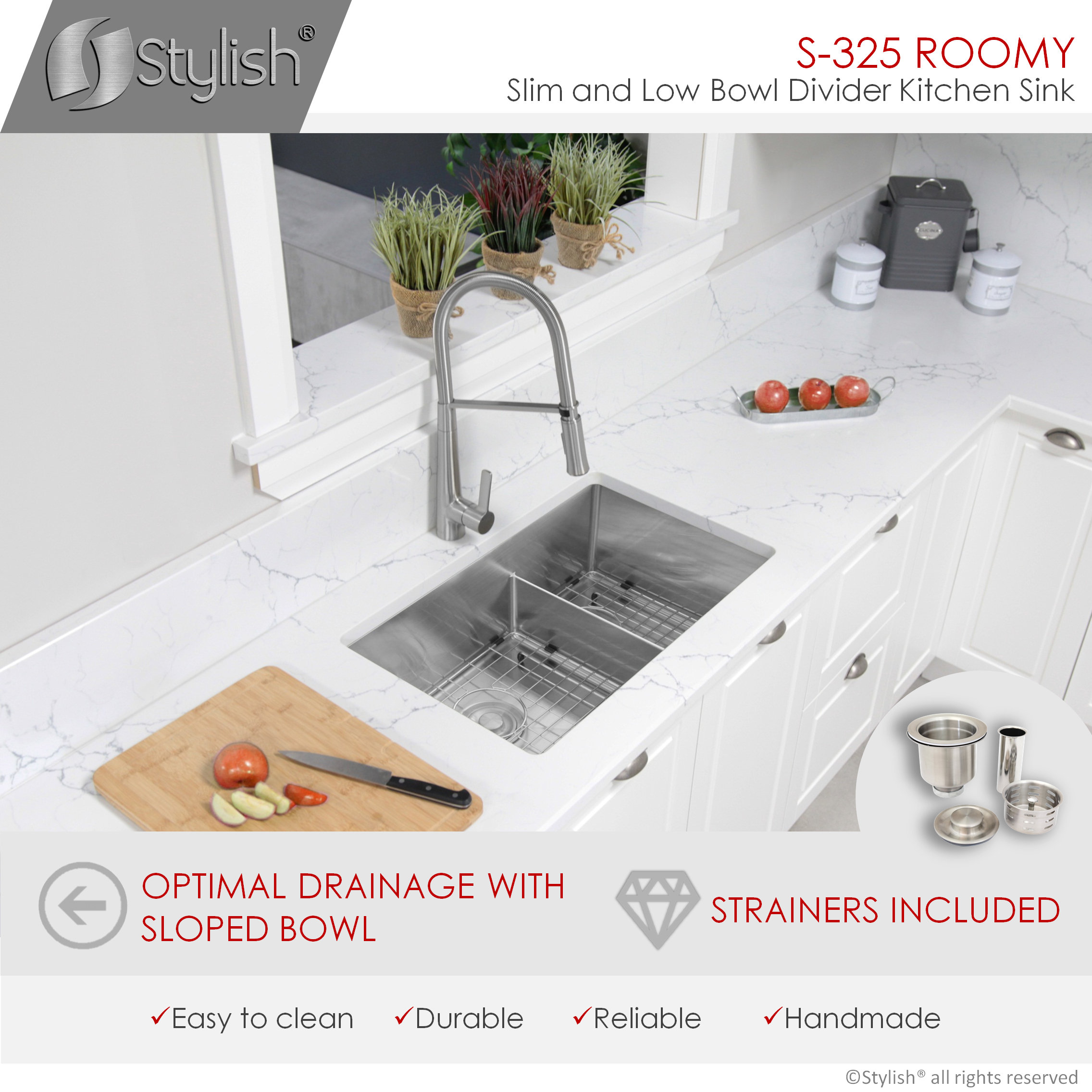 STYLISH 32" x 18" Stainless Steel Low Divider Undermount Kitchen Sink