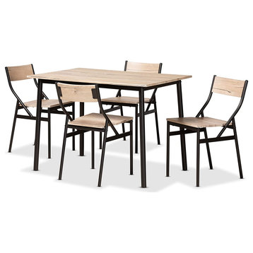 5 Pieces Dining Set, Rectangular Table & 4 Chairs With Sloped Back, Oak Brown