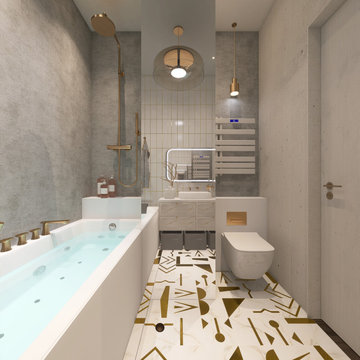 Compact Eclectic Bathroom with a Jetted Tub and Walk-In Shower